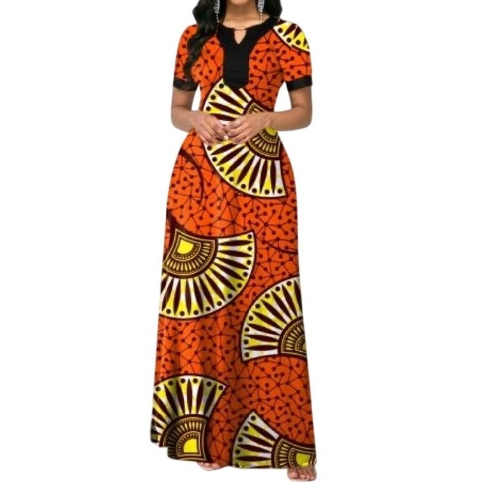 SHEIN Maxi Dress Women M Orange Graphic Fan Print Short Sleeve Pockets Stretch